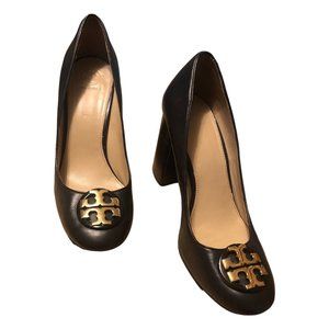 TORY BURCH Black Block Heel Pumps Logo Toe Career Business Size 10